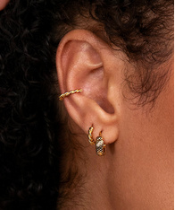 Close up of a model's ear, wearing delicate gold earrings.