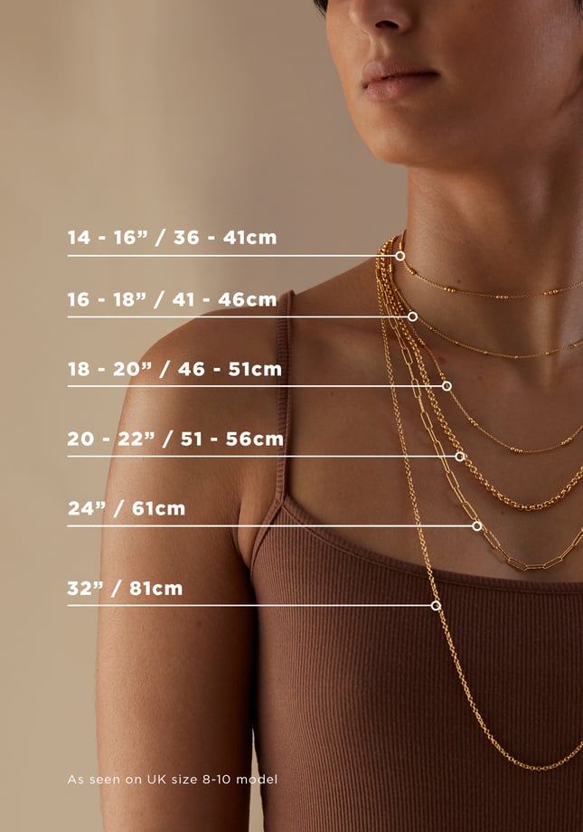 Our necklace lengths shown on a UK Size 8 - 10 Model