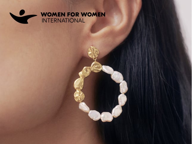 Large Hoop Earrings, half satin gold and half natural pearls. For Women For Women Intl.